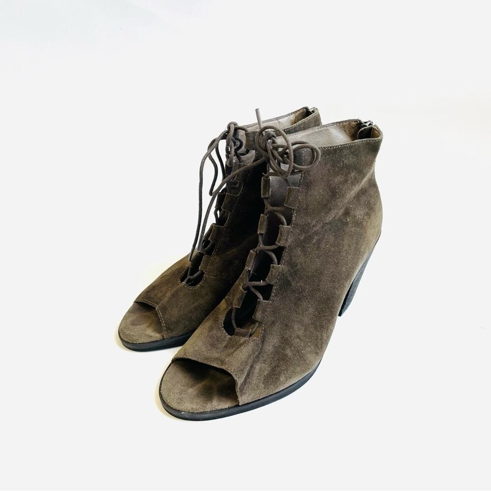Eileen Fisher Taupe Suede Leather Lace Up Open Toes Block Heel Bootie 8.5